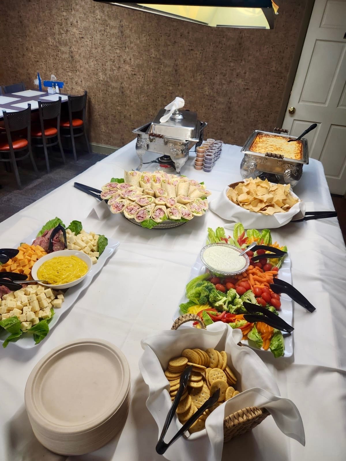 A buffet set out in the banquet room
