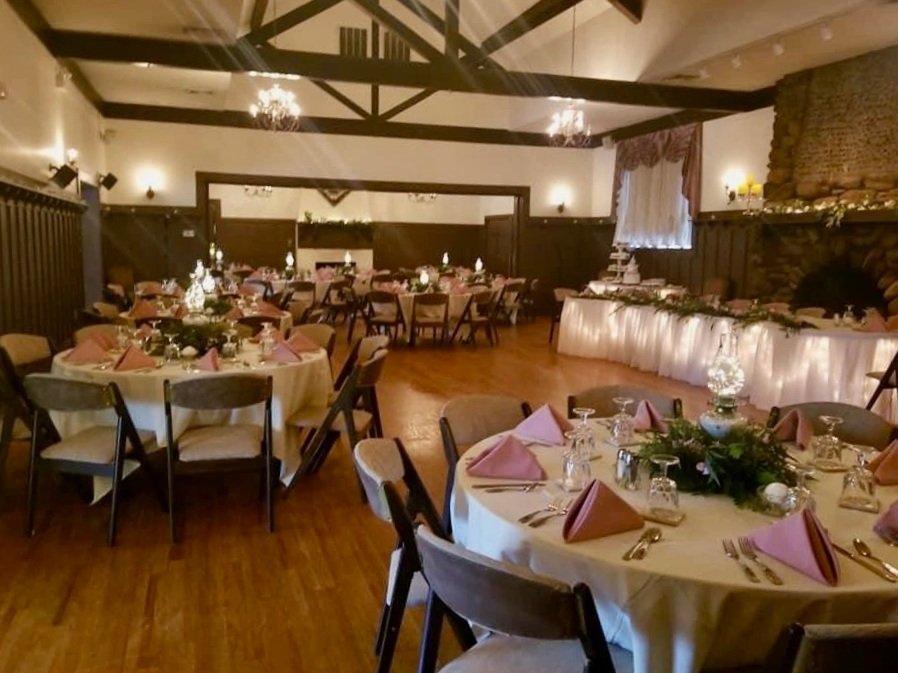 The banquet room set for an event